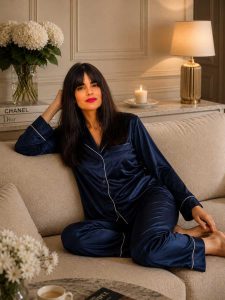 Pijama em Cetim Azul-marinho